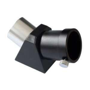 Skywatcher Amici-prisma 45° 1,25 inch diagonale prisma-adapter zijaanzicht met metalen insteektule, zwarte behuizing en oculairhouder met klemschroef.