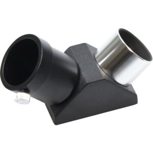 Skywatcher Amici-prisma 90° 1,25 inch diagonaal in zwart-zilveren behuizing zijaanzicht met oculairhouder en insteekvatting.