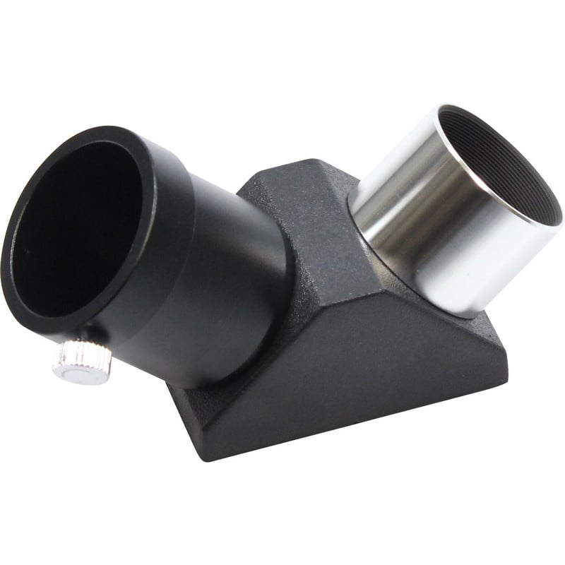 Skywatcher Amici-prisma 90°, 1,25" 1 Skywatcher Amici prisma 90° 125 Skywatcher Amici-prisma 90° 1,25 inch diagonaal in zwart-zilveren behuizing zijaanzicht met oculairhouder en insteekvatting.