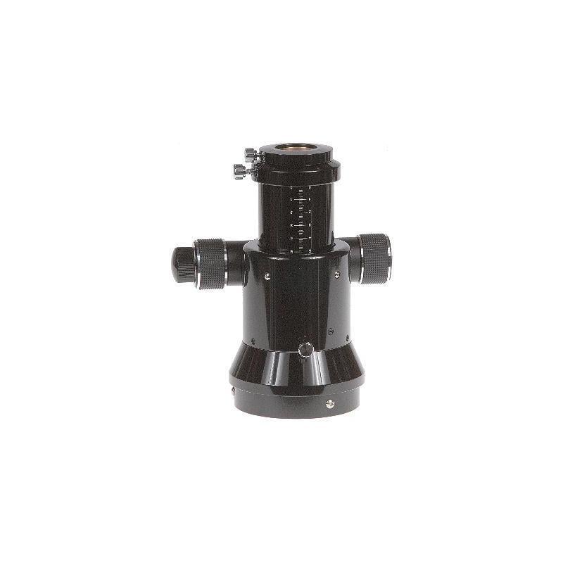 Skywatcher Crayford focuser met dual-speed voor Refractors 2" 1 Skywatcher Crayford focuser met dual speed voor Refractors 2 Skywatcher Crayford focuser zwarte 2 inch dual-speed Crayford-focuser voor refractors vooraanzicht met knoppen, schaalverdeling en ringklem.