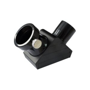 Skywatcher Deluxe 90° 1,25 inch dielectrische zenitspiegel diagonaal in zwart-zilveren behuizing zijaanzicht met oculairhouder en insteekvatting.