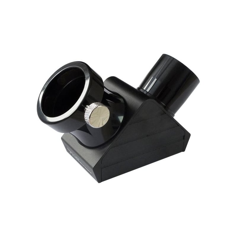 Skywatcher Deluxe 90°, 1,25" Zenitspiegel 1 Skywatcher Deluxe 90° 125 Zenitspiegel Skywatcher Deluxe 90° 1,25 inch dielectrische zenitspiegel diagonaal in zwart-zilveren behuizing zijaanzicht met oculairhouder en insteekvatting.