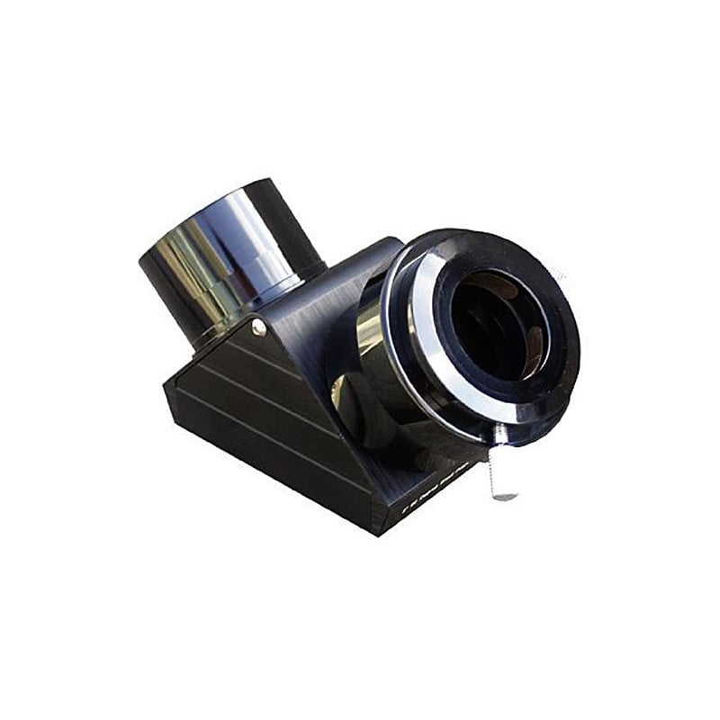 Skywatcher Deluxe 90°, 2" Zenitspiegel 1 Skywatcher Deluxe 90° 2 Zenitspiegel Skywatcher Deluxe 90° 2 inch dielectrische zenitspiegel diagonaal in glanzende zwart-zilveren behuizing met 1,25 inch adapter zijaanzicht.