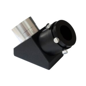 Skywatcher Diagonaal spiegel 90° 2 inch diagonaal in zwart-zilveren behuizing met 2 naar 1,25 inch adapter en klemschroeven zijaanzicht.