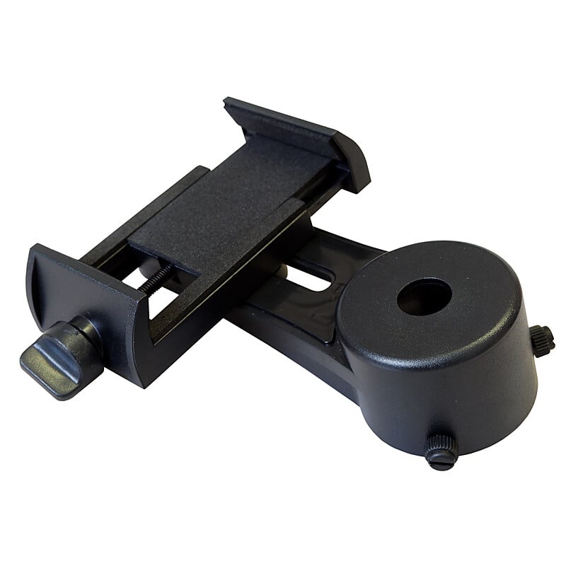 Skywatchers Smartphoto 2 Skywatcher Smartphoto 2 Skywatchers Smartphoto universele smartphonehouder met verstelbare klem voor bevestiging op een telescoopoculair in zijaanzicht.