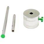 Skywatcher 5 kg roestvrijstalen tegengewicht WAVE set met ronde gewichtsschijf, contragewichtstang en verlengstuk met groene klemschroef.