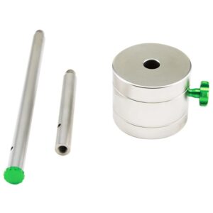 Skywatcher 5 kg roestvrijstalen tegengewicht WAVE set met ronde gewichtsschijf, contragewichtstang en verlengstuk met groene klemschroef.