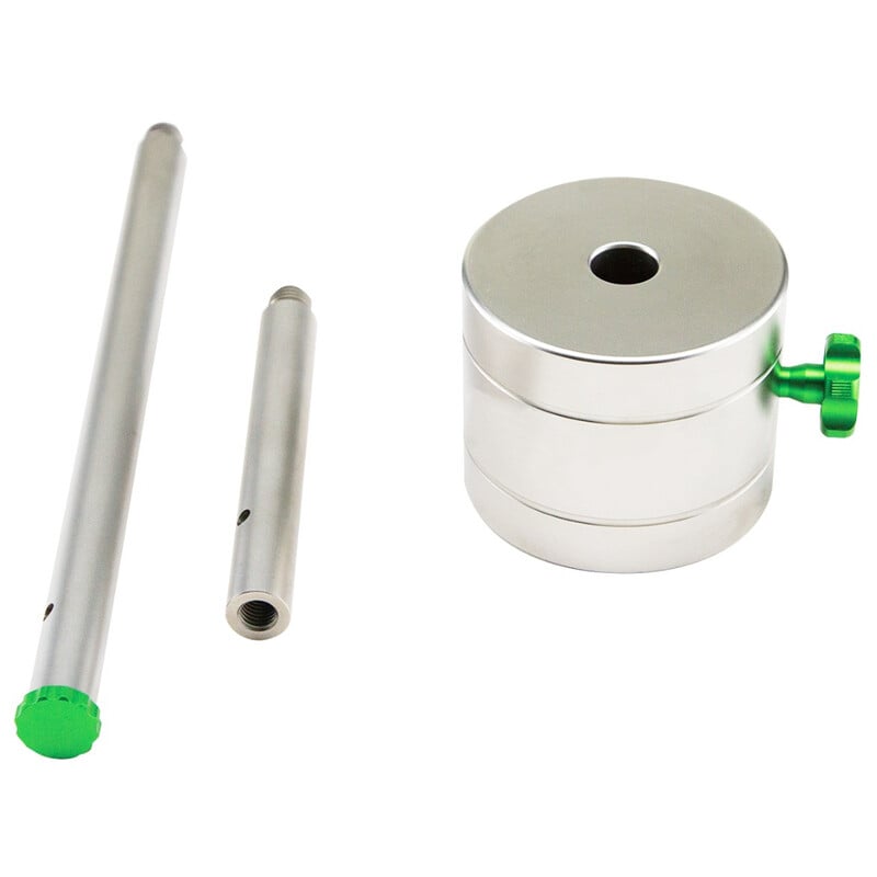 Skywatcher 5 kg Tegengewicht WAVE 1 Skywatcher Tegengewicht WAVE 5 kg Skywatcher 5 kg roestvrijstalen tegengewicht WAVE set met ronde gewichtsschijf, contragewichtstang en verlengstuk met groene klemschroef.