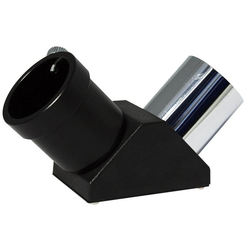 Skywatcher Zenitspiegel 90°, 1,25" 1 Skywatcher Zenitspiegel 90° 125 Skywatcher Zenitspiegel 90° 1,25 inch diagonaalspiegel in zwart-zilveren behuizing zijaanzicht met oculairhouder en insteekvatting.