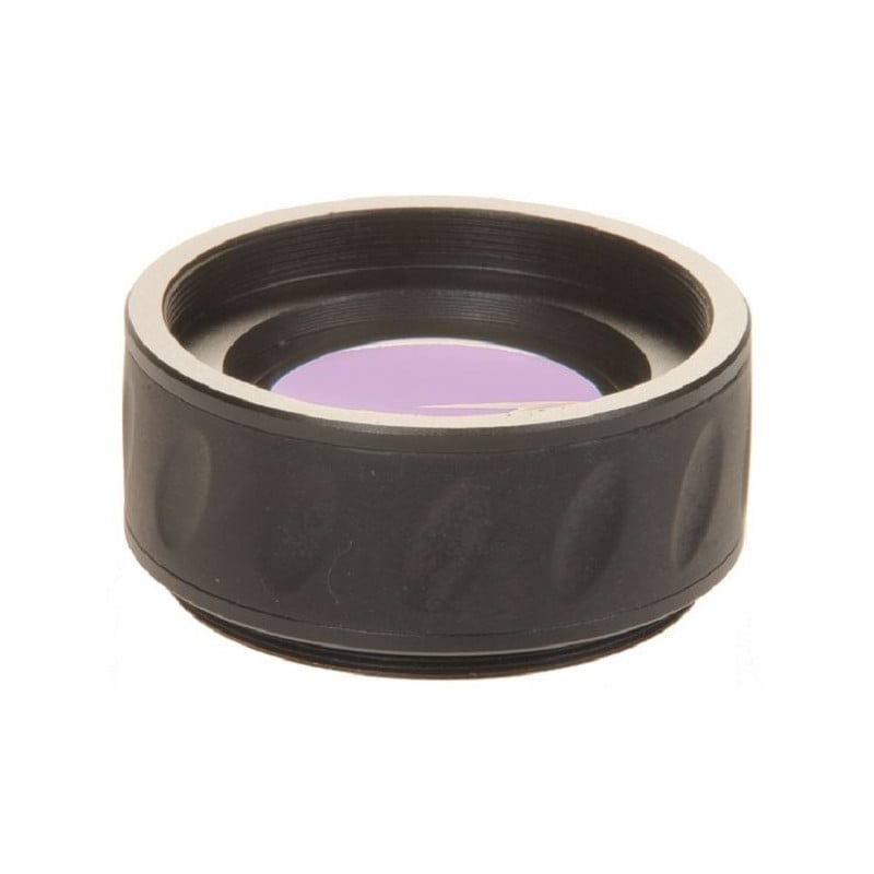 Skywatchers M48 Esprit-80ED Flattener 2 Skywatchers M48 Esprit 80ED Flattener 1 Skywatchers M48 Esprit-80ED flattener zijaanzicht van compacte adapter met paars gecoate lens in donkere behuizing.