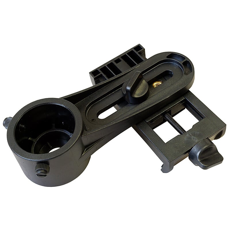 Skywatchers Smartphoto 2 Skywatchers Smartphone 3 Skywatchers Smartphone SmartPhoto adapter bovenaanzicht met ronde oculairklem en twee kartelschroeven.