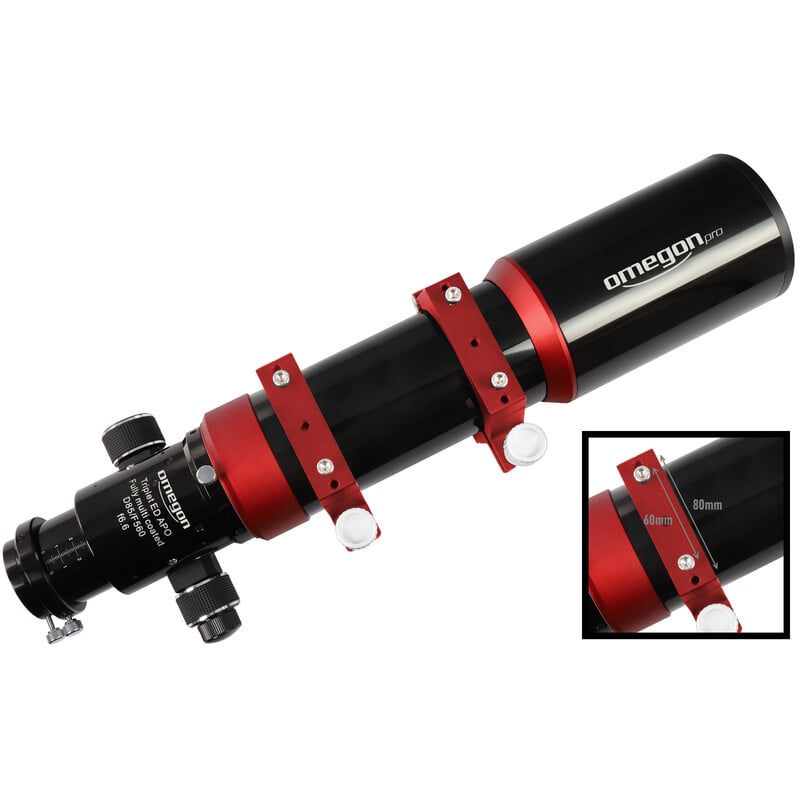 Omegon Pro 85/560 Apochromatische Refractor ED Triplet OTA 2 Omegon Apochromatische refractor Pro APO AP 85 560 ED Triplet OTA 1 Omegon Refractor Pro APO AP 85/560 ED met ingezoomd detail van buisvoering en rode ringbevestiging