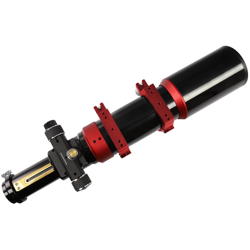 Omegon Pro 85/560 Apochromatische Refractor ED Triplet OTA 1 Omegon Apochromatische refractor Pro APO AP 85 560 ED Triplet OTA 5 Omegon Refractor Pro APO AP 85/560 ED close-up van focuser met messing tandwielmechanisme en fijninstelling