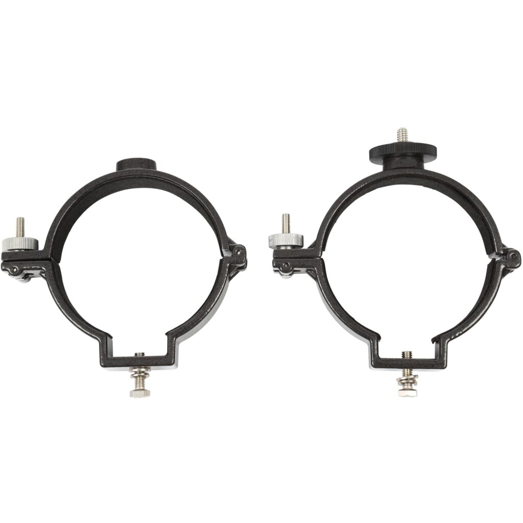 Omegon Tube Rings 90mm set of two black aluminum tube rings with hand screws and 1/4'' photo thread for 80/400 telescope, front view.