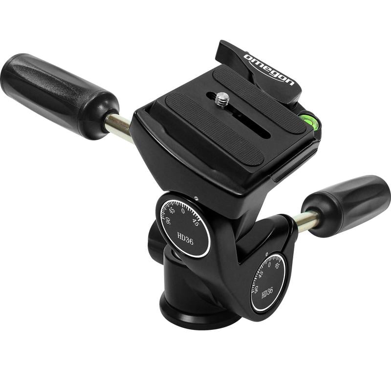 Omegon Pro PD36 Statief Panoramakop Driewegkop 1 Omegon Driewegkop Pro PD36 statief panoramakop Omegon PD36 panoramakop volledig gemonteerd met bedieningswielen en vaste slede