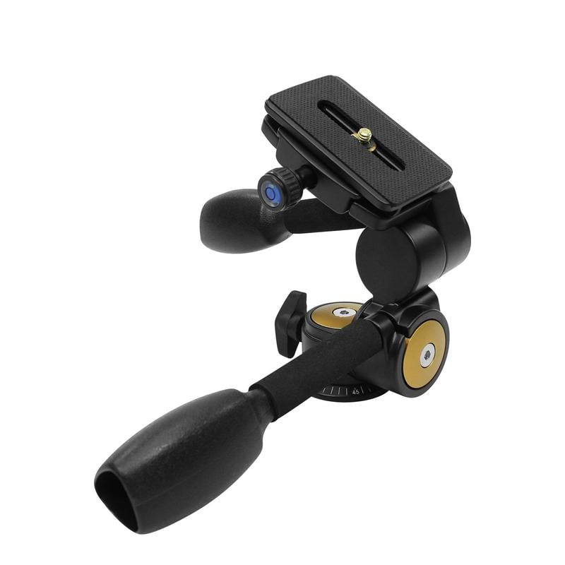 Omegon Pro PD80 Statief Panoramakop Driewegkop 2 Omegon Driewegkop Pro PD80 statief panoramakop Omegon PD80 statiefkop zijaanzicht volledig uitgelijnd met stevige basis en statiefaansluiting