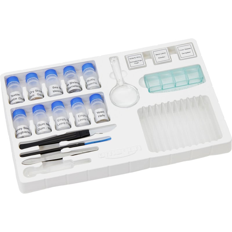 Omegon Experimenteerset Microscoop 1 Omegon Experimenteerset microscoop Omegon Experimenteerset microscoop opengeklapt met pipetten, glaasjes en monsters in vakverdeling