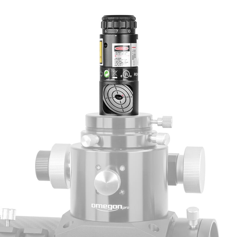 Omegon Laser-collimator Newton 1,25" Rev. B 2 Omegon Laser pointers Newton 1 25 Rev B Omegon Laser pointers bovenaanzicht gemonteerd in focuser met zicht op schuin 45° kijkvenster