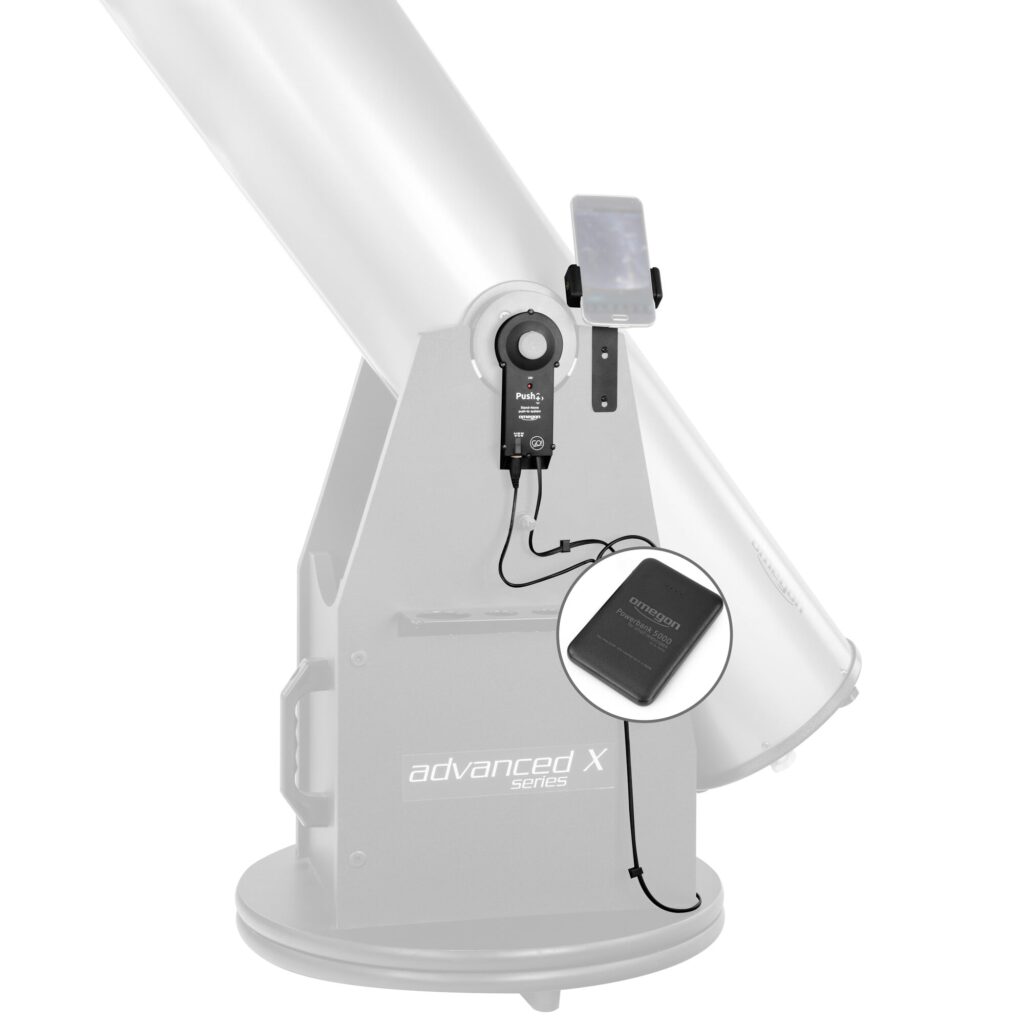 Omegon Push+ Go standalone encoder-systeem montage met ingezoomd detail van meegeleverde powerbank