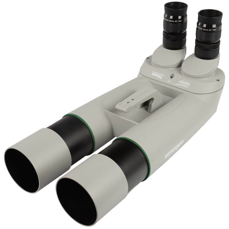 Omegon Brightsky 90° Binoculars 22x70, Includes Neptune Fork Mount with Center Column and Tripod 1 Omegon Binoculars Brightsky 22x70 90d binoculars including Neptune Fork Mount with Center Column and Tripod 2 Omegon Brightsky 90° Binoculars front view with eyepieces, green rings and bearing construction