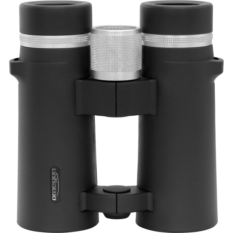 Omegon Talron HD Verrekijkers 10x42 2 Omegon Verrekijkers Talron HD 10x42 3 Omegon Talron HD Verrekijkers 10x42 vooraanzicht met aluminium middenas en ergonomische grip