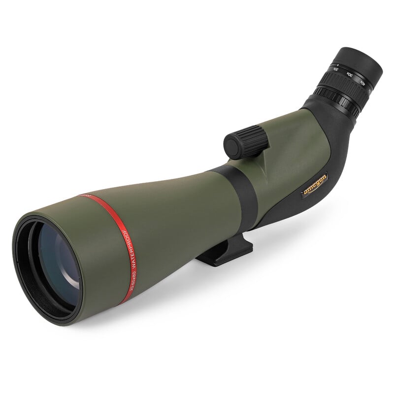 Omegon Zoom Spotting Scope 20-60x80mm with Aluminum Tripod and Panorama Head 1 Omegon Zoom spotting scope 20 60x80mm Tripod and panhead 10 Omegon Zoom Spotting Scope 20-60x80mm front view with large objective lens and green housing