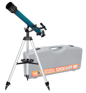 Levenhuk LabZZ TK60, complete set with blue refractor on an aluminum tripod in addition to a gray plastic case.