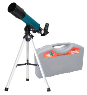 Levenhuk LabZZ TK50 - 50/360 Refractor, complete set with blue refractor on an aluminum table stand in addition to a gray plastic storage case.