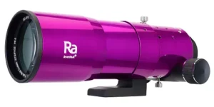 Levenhuk Ra R72 ED Doublet Apochromatic Refractor Optical Tube with Purple Anodized Finish and Dual-Speed Focuser on a White Background