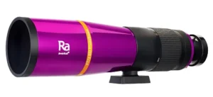Levenhuk Ra FT72 ED PhotoScope apochromatic refractor optical tube with purple finish and helical focuser on a white background