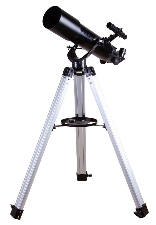 Levenhuk Skyline BASE 80T – 80/500 Refractor 1 72850 levenhuk telescope skyline base 80t 00 500 e0ca2b120cf1312570670a2b7ec14a0e The Levenhuk Skyline BASE 80T front view shows a refractor with a black optical tube mounted on an adjustable aluminum tripod with an accessory tray and a 6x24 optical finderscope.