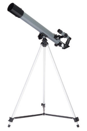 Levenhuk Blitz 50 BASE achromatic refractor on a fully extended aluminum tripod, showing the complete setup from the front.