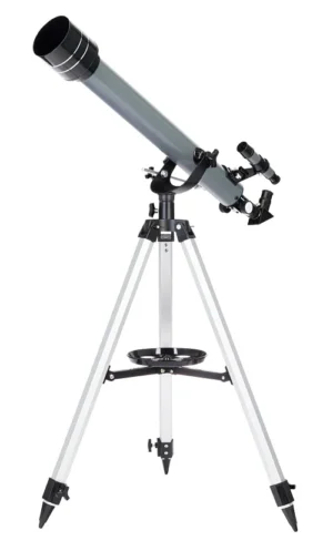 Levenhuk Blitz 60 BASE main view of the achromatic refractor with a long silver optical tube mounted on an aluminum tripod and azimuth mount.