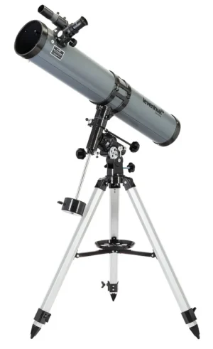 Levenhuk Blitz 114 PLUS Newtonian reflector on an adjustable aluminum tripod with an equatorial mount and accessory tray