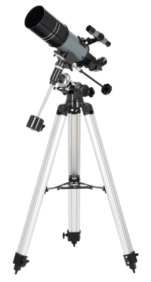 Levenhuk Blitz 80s PLUS short-focus achromatic refractor on adjustable aluminum tripod with equatorial mount and accessory tray