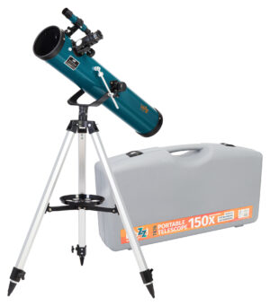 Levenhuk LabZZ TK76 Newton reflector on aluminum tripod with azimuthal mount and carrying case next to it, detached on white background