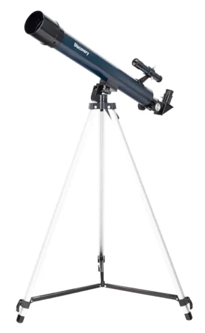 Levenhuk Discovery Sky T50 refractor telescope with tripod and optical finder on a white background