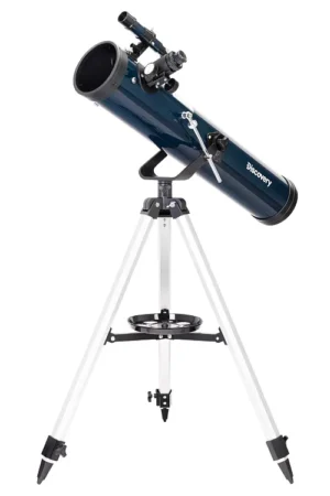 Levenhuk Discovery Sky T76 Newtonian reflector telescope with tripod and optical finder on a white background