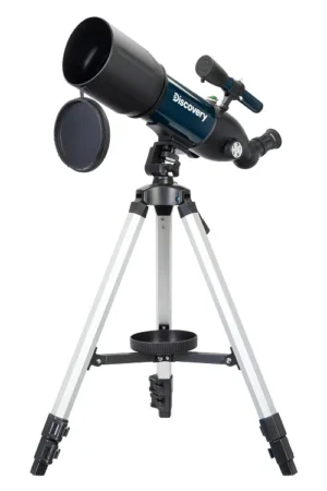 Levenhuk Discovery Sky Trip ST80 compact refractor on aluminum tripod with alt-az mount and accessory tray, product photo on white background
