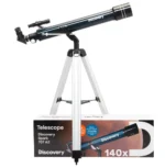 Levenhuk Discovery Spark 707 AZ refractor on tripod viewed from the side with 90° diagonal mirror attached, product photo on white background