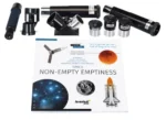 Levenhuk Discovery Spark 707 AZ set photo with refractor on tripod next to gift packaging, product photo on white background