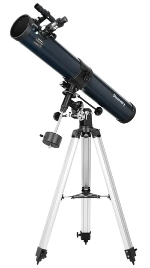Levenhuk Discovery Spark 769 EQ complete set with Newton reflector on EQ2 equatorial mount and aluminum tripod on white background