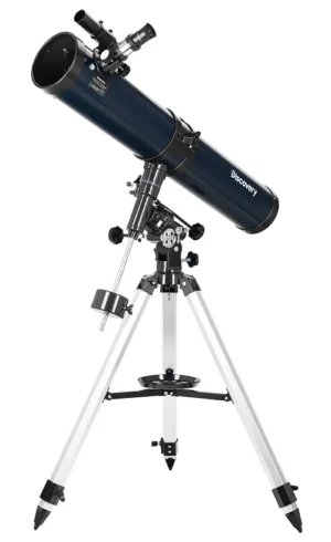 Levenhuk Discovery Spark 114 EQ Newtonian reflector telescope on aluminum tripod with EQ3 equatorial mount, product photo on white background