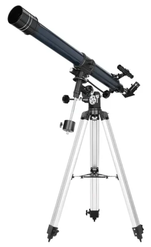 Levenhuk Discovery Spark 709 EQ complete set with long refractor tube on EQ2 equatorial mount and aluminum tripod on white background