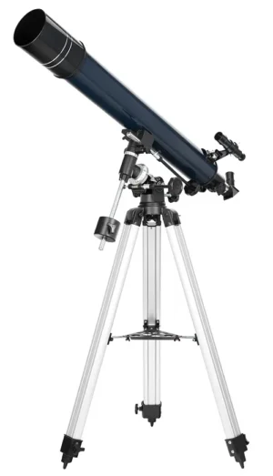 Levenhuk Discovery Spark 809 EQ complete set with 80 mm achromatic refractor on EQ1 equatorial mount and aluminum tripod on white background