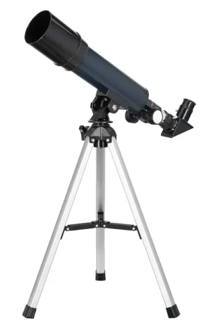 Levenhuk Discovery Spark Travel 50 compact achromatic refractor on alt-azimuth mount with aluminum tabletop tripod on white background