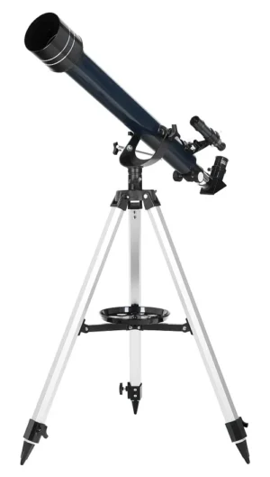 Levenhuk Discovery Spark Travel 60 achromatic refractor on an alt-azimuth fork mount with aluminum tripod and accessory tray on a white background