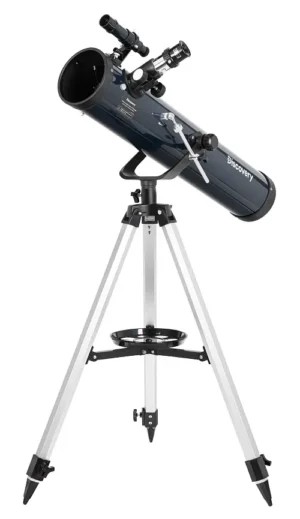 Levenhuk Discovery Spark Travel 76 Newtonian reflector on alt-azimuth mount with aluminum tripod and accessory tray on a white background