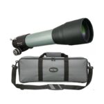 TeleVue Apochromatic Refractor AP 85/600 TV-85 OTA green APO refractor tube with black dew shield and focuser, pictured above a gray padded carrying case with shoulder strap