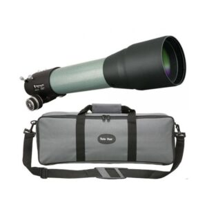 TeleVue Apochromatic Refractor AP 85/600 TV-85 OTA green APO refractor tube with black dew shield and focuser, pictured above a gray padded carrying case with shoulder strap